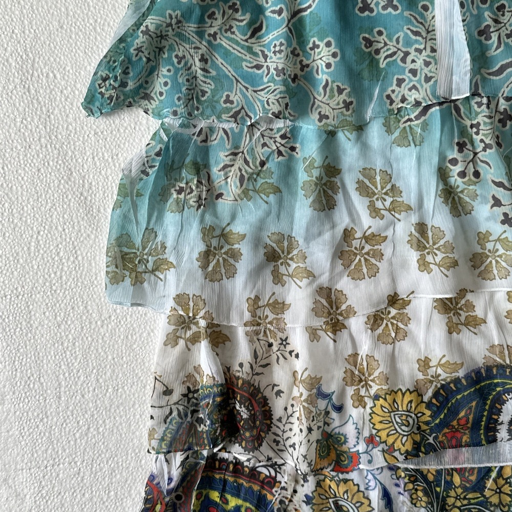 Y2K Boho Micro Mini Dress Blue Peasant Tiered Flutter Sleeve Festival Beach - Picture 5 of 8